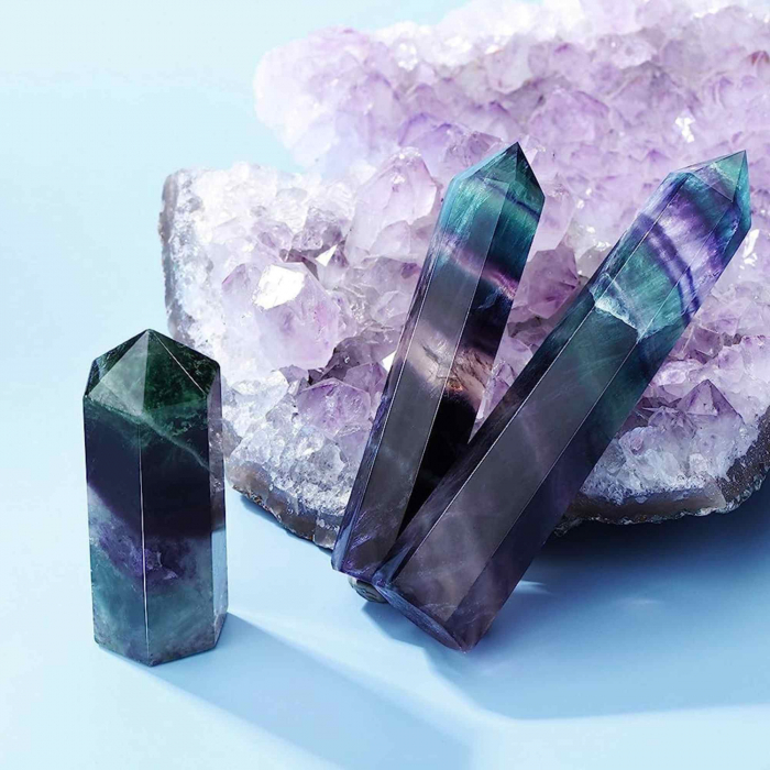 Set 2 turnuri din cristale semipretiose vindecatore hexagonale Fluorit curcubeu - Obelisc cu inaltimea de 5 cm [4]