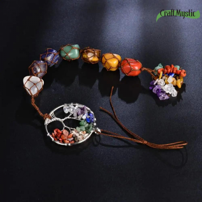 Ornament de agatat tematica pietre chakra - Contine arborele vietii lucrat manual cu pietre semipretioase si cristale vindecatoare a celor 7 chakre [6]