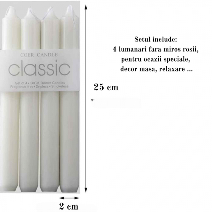 Set 4 Lumanari albe drepte de 25 cm - Lumanari fara picurare si fara parfum - Perfecte ca lumanari pentru cina, ocazii speciale [3]