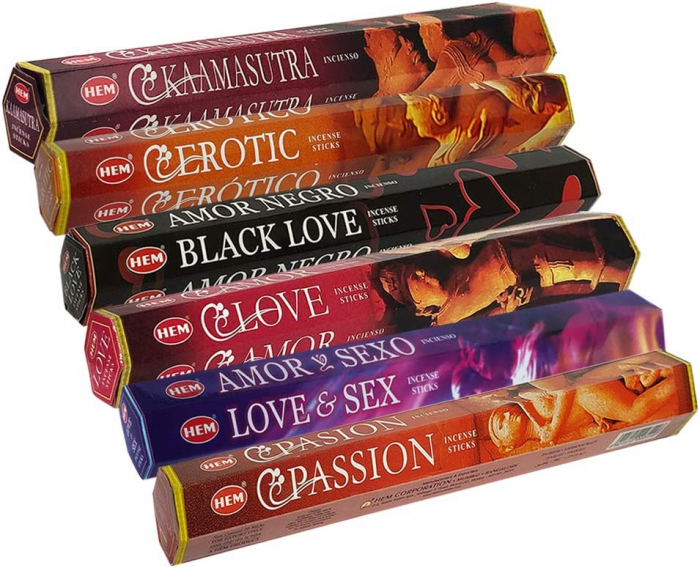 Set 6 pachete mix betisoare parfumate cu cele mai apreciate 6 parfumuri HEM cu tematica dragoste +  suport pentru betisoare [6]