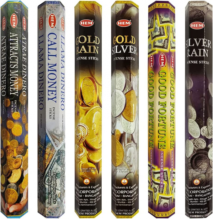 Set 6 pachete mix betisoare parfumate cu cele mai apreciate 6 parfumuri HEM cu tematica bani si noroc +  suport pentru betisoare [3]