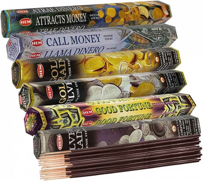 Set 6 pachete mix betisoare parfumate cu cele mai apreciate 6 parfumuri HEM cu tematica bani si noroc +  suport pentru betisoare [4]