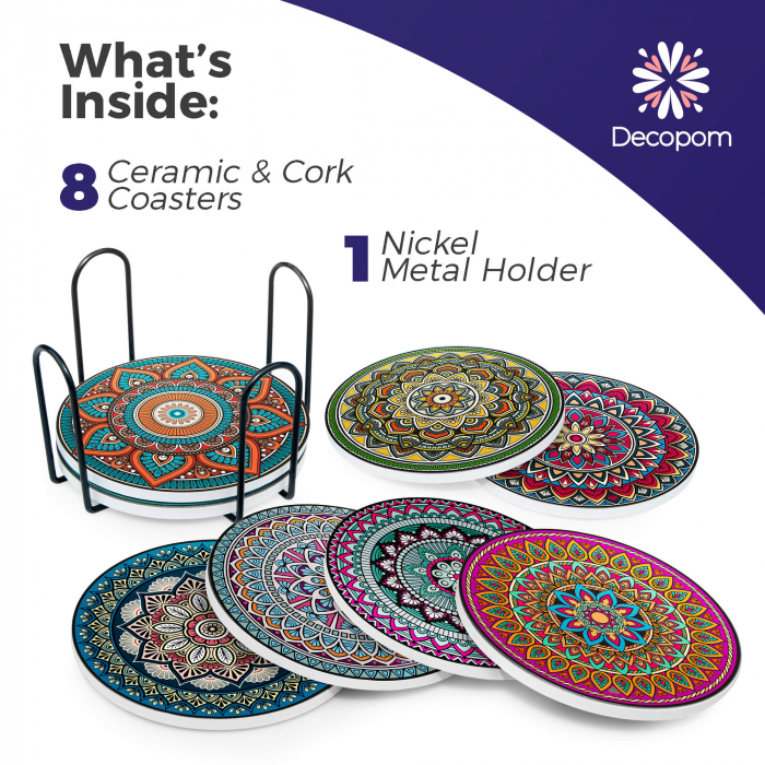 Set 8 suporturi pentru pahare tematica boho mandala si organizator, material ceramica absorbanta cu baza din pluta antiaderenta [3]