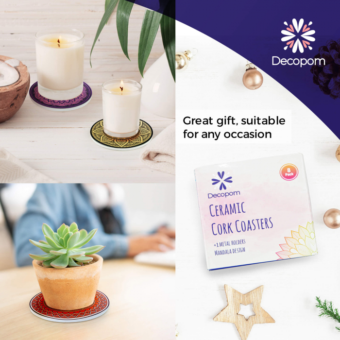 Set 8 suporturi pentru pahare tematica boho mandala deschis si organizator, material ceramica absorbanta cu baza din pluta antiaderenta - Copie [5]