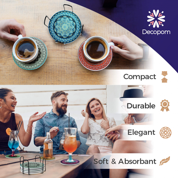 Set 8 suporturi pentru pahare tematica boho mandala deschis si organizator, material ceramica absorbanta cu baza din pluta antiaderenta - Copie [7]