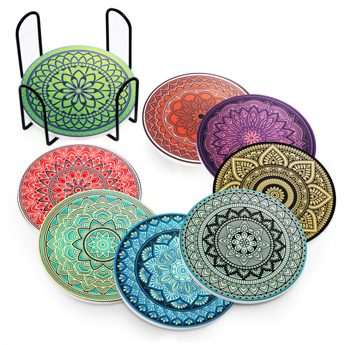 Set 8 suporturi pentru pahare tematica boho mandala deschis si organizator, material ceramica absorbanta cu baza din pluta antiaderenta - Copie [2]