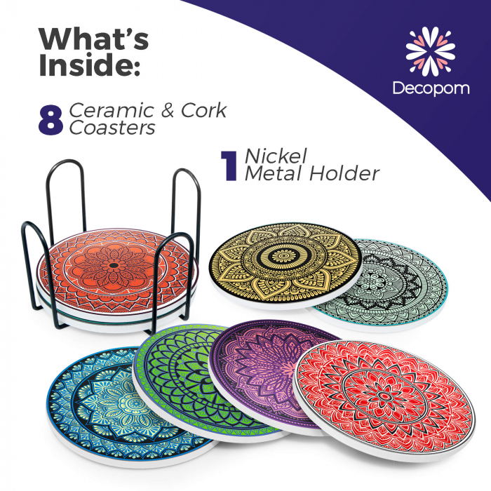 Set 8 suporturi pentru pahare tematica boho mandala deschis si organizator, material ceramica absorbanta cu baza din pluta antiaderenta - Copie [3]