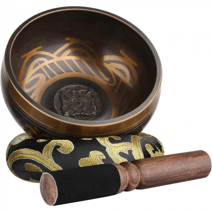 Set Bol Tibetan cantator prelucrat manual la poalele muntelui Himalaya - un percutor cu doua capete din lemn si piele, si o perna cusuta manual – ideal pentru energizare, purificare si meditatie [5]
