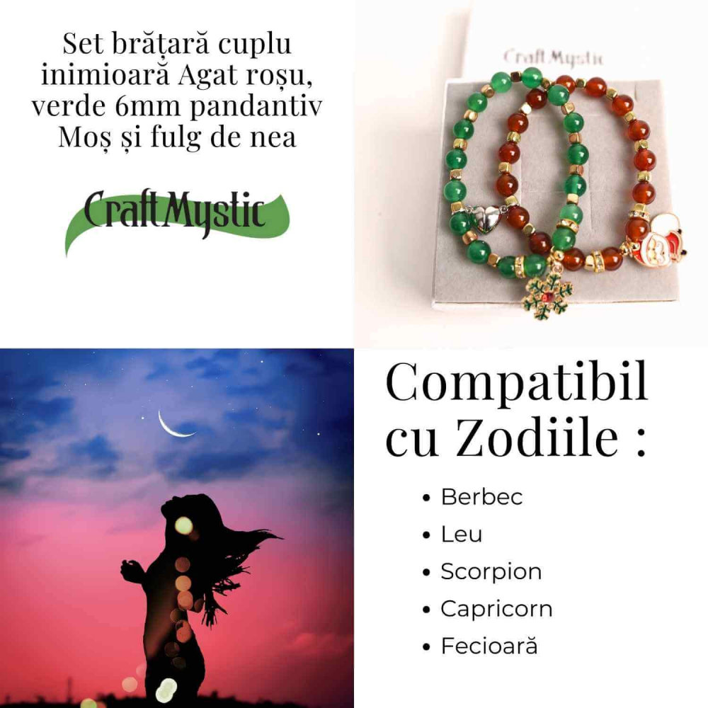 Set bratari cuplu Agat rosu, verde cu accesoriu Mos Craciun si fulg de nea - iubire si protectie [4]