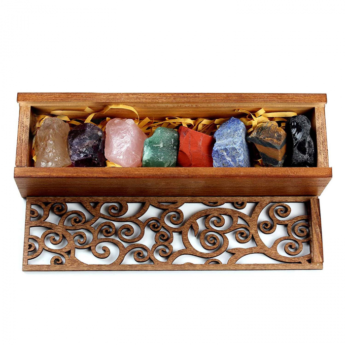 Set 8  pietre semipretioase chakra in cutie de lemn - Cristale reiki de vindecare din piatre naturale brute pentru meditatie, echilibrarea chakrelor sau ritualuri magice [3]