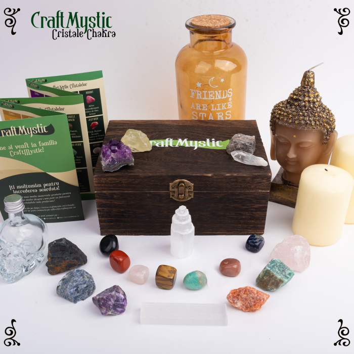 Set cristale premium si pietre semipretioase vindecatoare  in cutie de lemn - 20 piese, turn selenit,  pietre chakre, cristale brute, cluster de ametist, varf de cristal transparent, cuarț trandafir + brosura cu proprietatile cristalelor, ebook despre cristale CraftMystic, saculet negru catifea. [6]