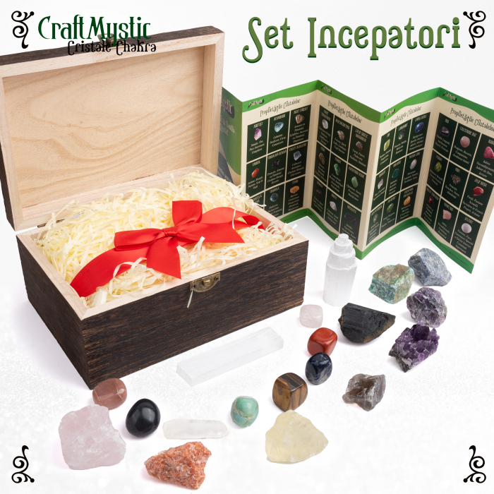 Set cristale premium si pietre semipretioase vindecatoare  in cutie de lemn - 20 piese, turn selenit,  pietre chakre, cristale brute, cluster de ametist, varf de cristal transparent, cuarț trandafir + brosura cu proprietatile cristalelor, ebook despre cristale CraftMystic, saculet negru catifea. [2]