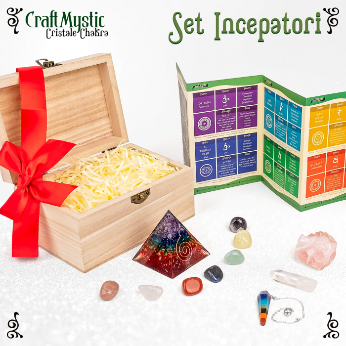 Set Cristale si Pietre Naturale Vindecatoare Chakra in cutie de lemn- 11 piese pentru meditatie, spiritualitate, echilibrarea chakrelor – Piramidă de orgon chakra , pendul chakra, cuart roz neslefuit, varf de cristal transparent, 7 pietre slefuite + Brosura cu Proprietatile Cristalelor. [5]