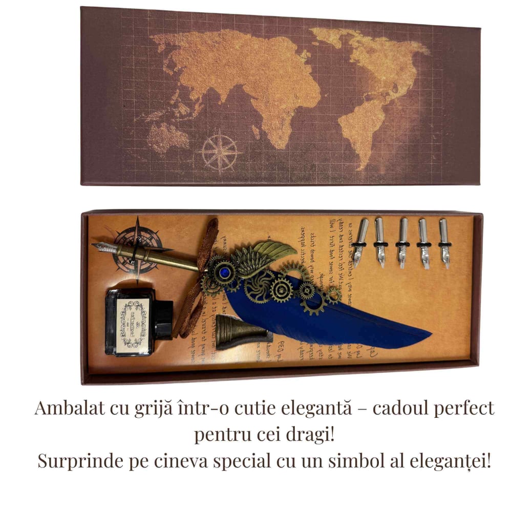 Set Stilou Pana Albastra – Cutie Cadou, 5 Penite, Cerneala si Suport [5]