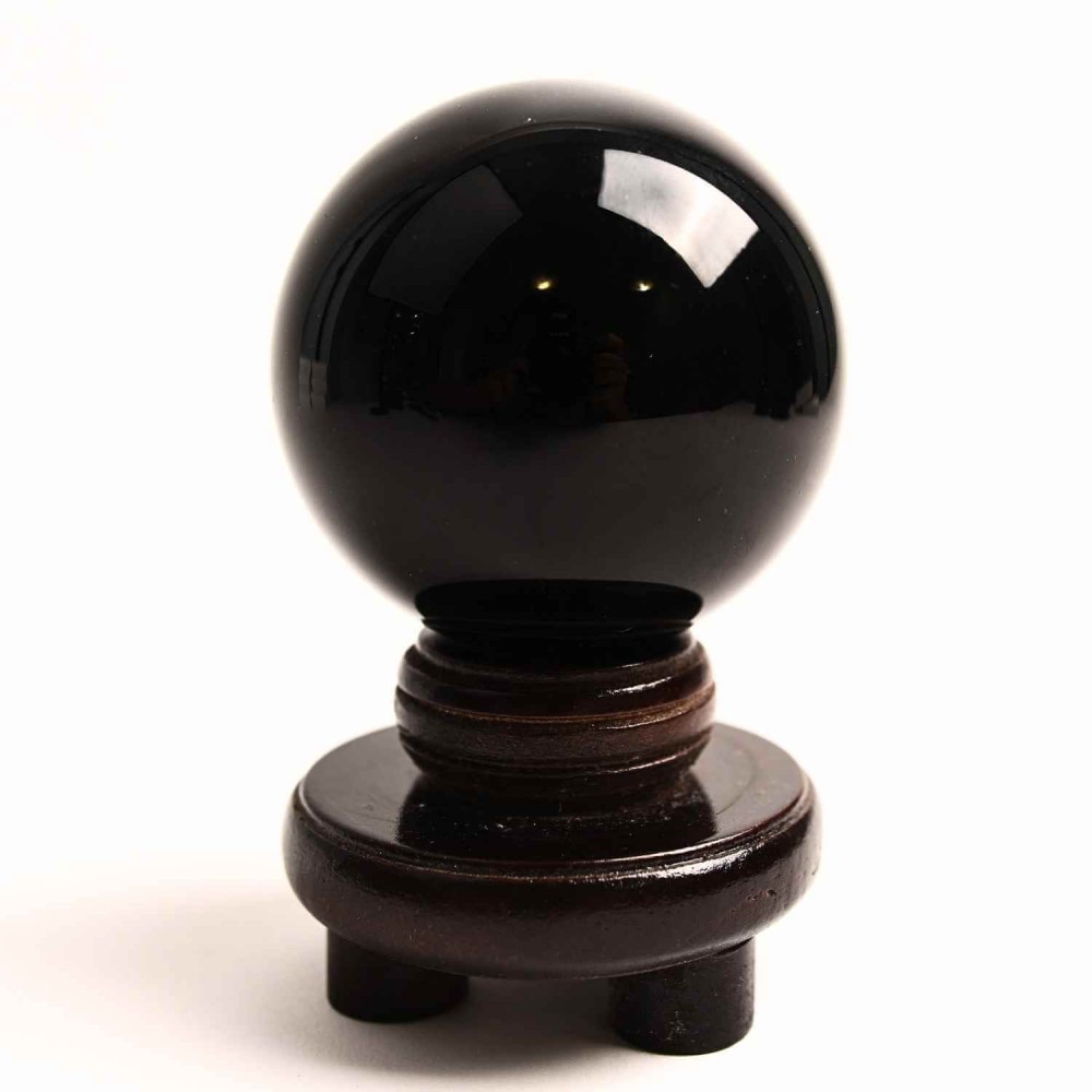 Sfera Obsidian Negru 100% Natural 80 mm cu Suport Lemn India - Protectie si Purificare Energetica