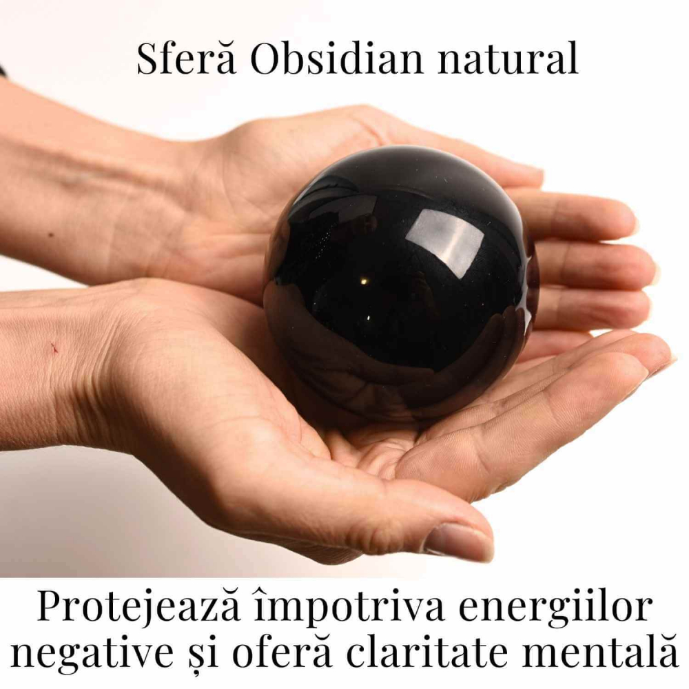 Sfera Obsidian Negru 100% Natural 80 mm cu Suport Lemn India - Protectie si Purificare Energetica [2]