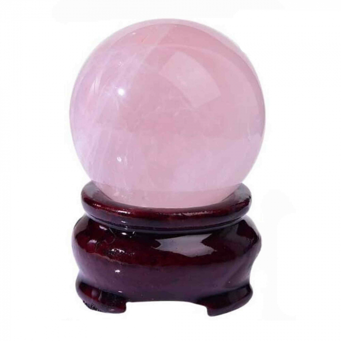 Sfera din Cuart Roz 25-30 mm, minge de cristal decorativa, cu suport de lemn - Pentru decor, meditatie, vindecare