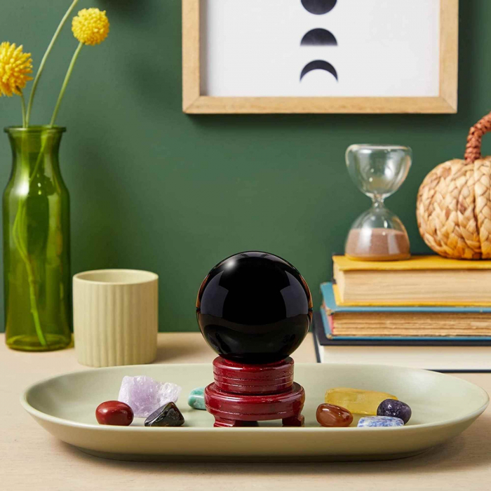 Sfera obsidian negru, minge de cristal decorativa, cu suport de lemn -  Pentru decor, meditație, vindecare [5]