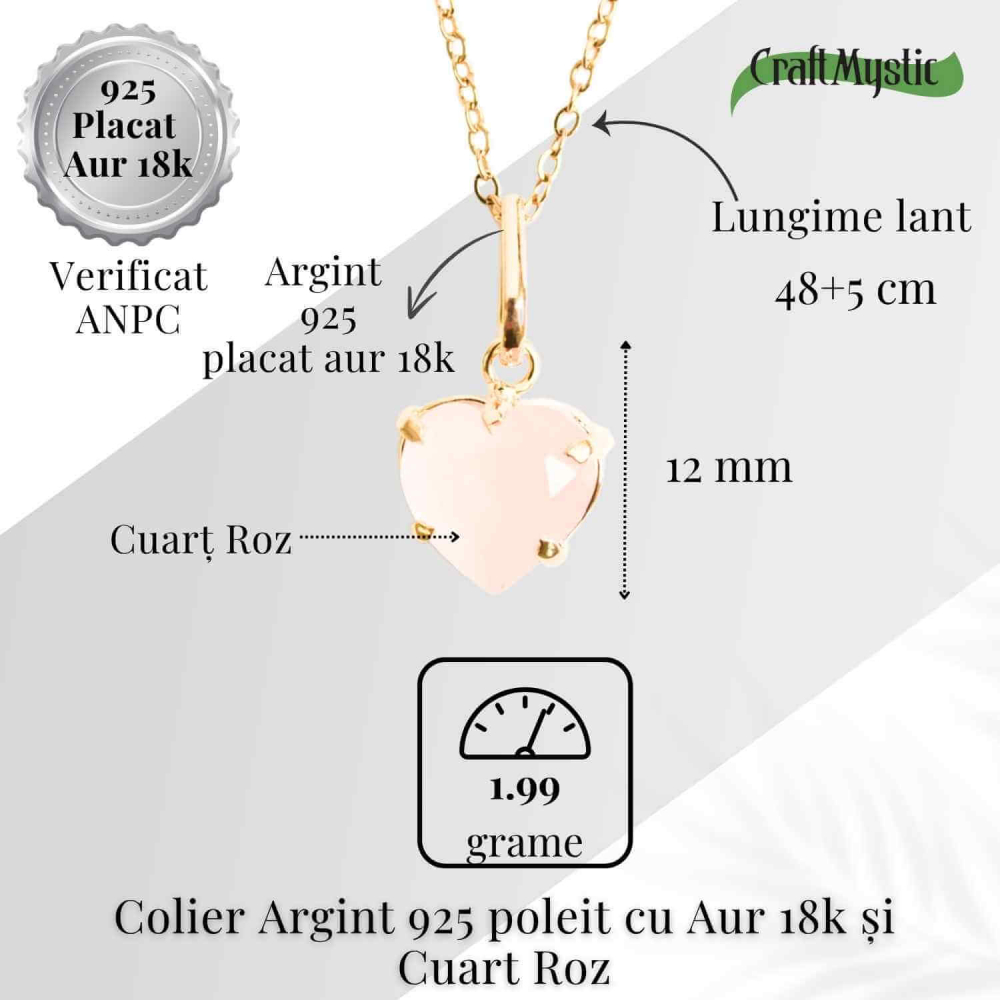 Iubire si Blandete – Colier din Argint 925 Placat cu Aur 18K cu Cuart Roz fatetat in Forma de Inima [5]