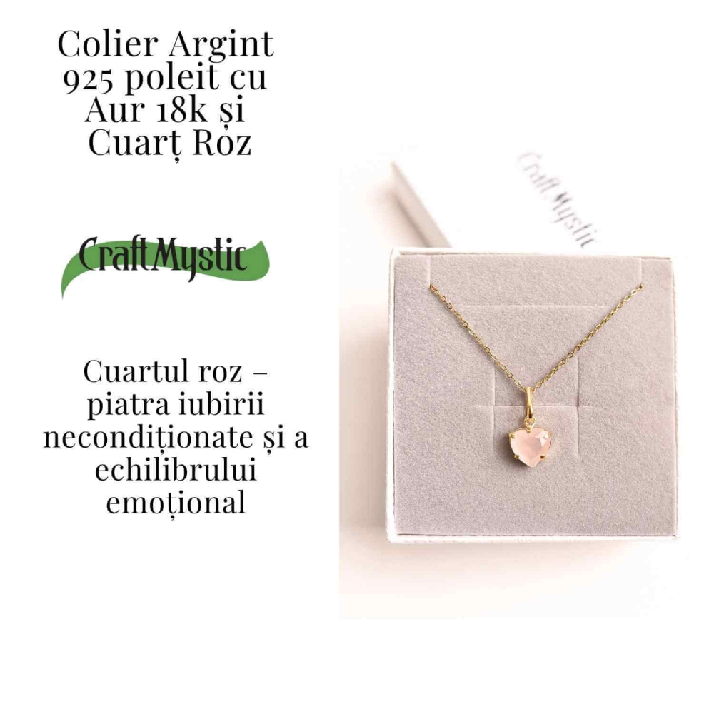 Iubire si Blandete – Colier din Argint 925 Placat cu Aur 18K cu Cuart Roz fatetat in Forma de Inima [3]