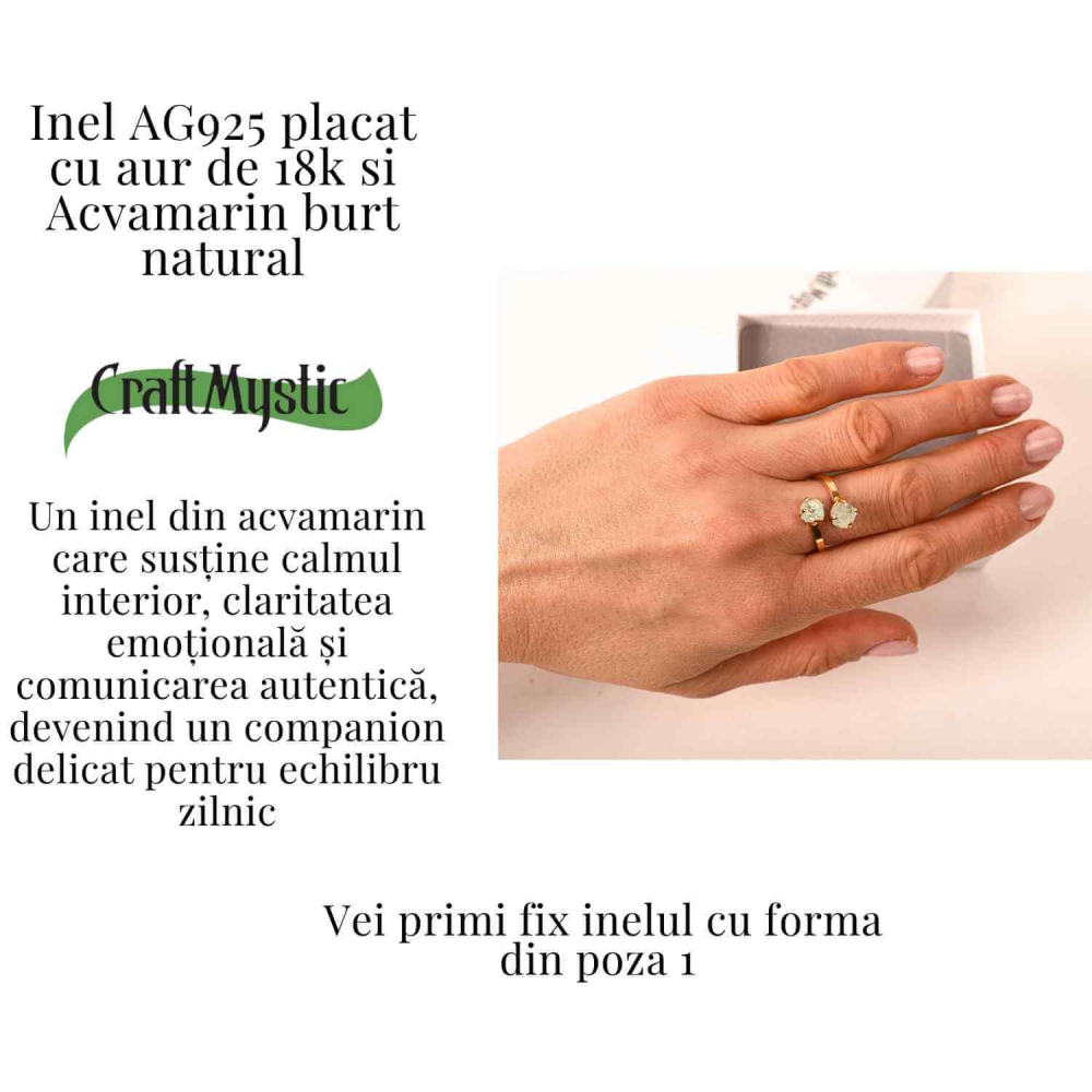 Inel din argint 925 placat cu aur de 18k cu acvamarin brut care aduce calm, claritate si o prezenta linistitoare [3]
