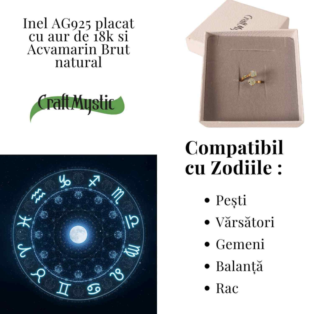 Inel din argint 925 placat cu aur de 18k cu acvamarin brut care aduce calm, claritate si o prezenta linistitoare [5]