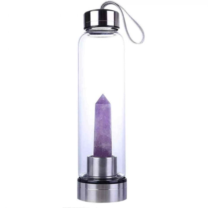Sticla de apa cu varf de cristal Ametist , Perfect pentru meditatie - Cadouri speciale pentru femei barbati prieteni