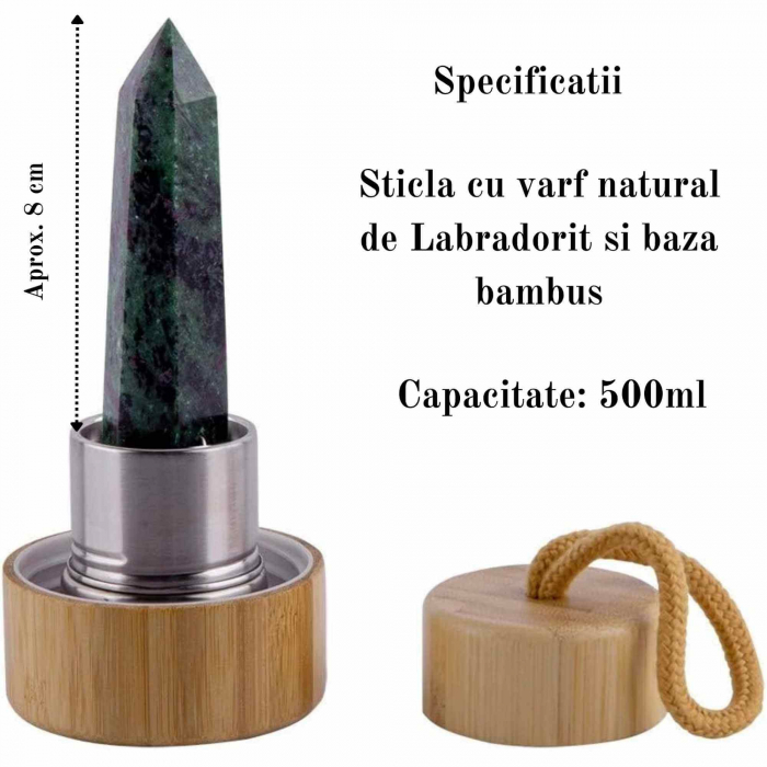 Sticla pentru apa cu varf cristal Labradorit si Bambus - Capacitate 500 ml si include husa de protectie neagra - Copie [2]