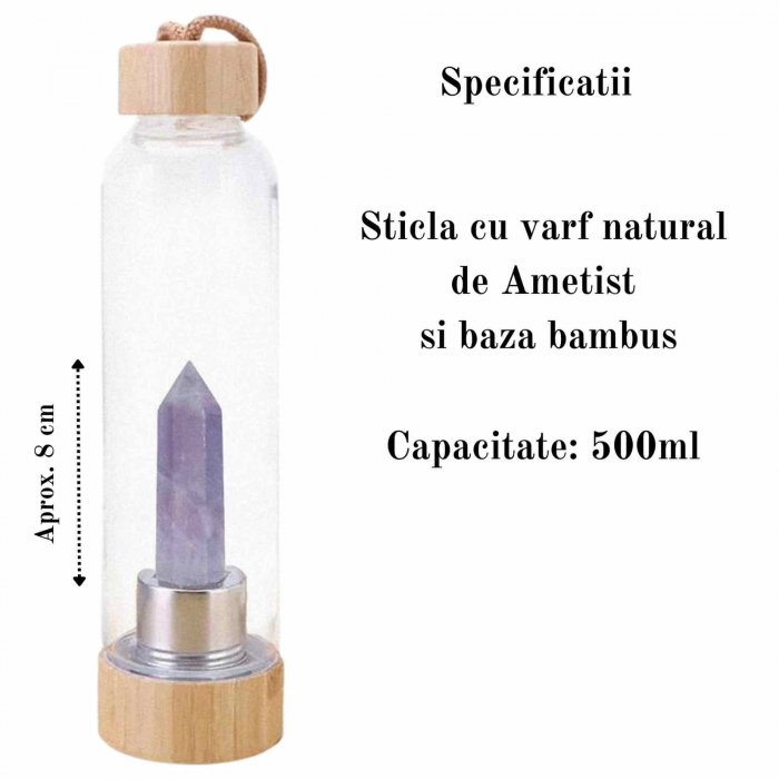 Sticla pentru apa cu varf cristal Ametist si Bambus - Capacitate 500 ml si include husa de protectie neagra - Copie - Copie [2]