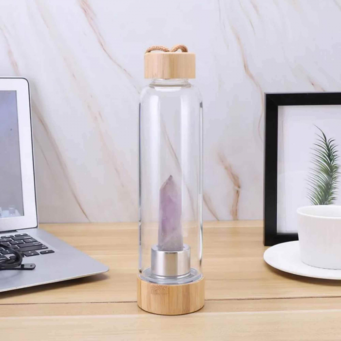 Sticla pentru apa cu varf cristal Ametist si Bambus - Capacitate 500 ml si include husa de protectie neagra - Copie - Copie [3]