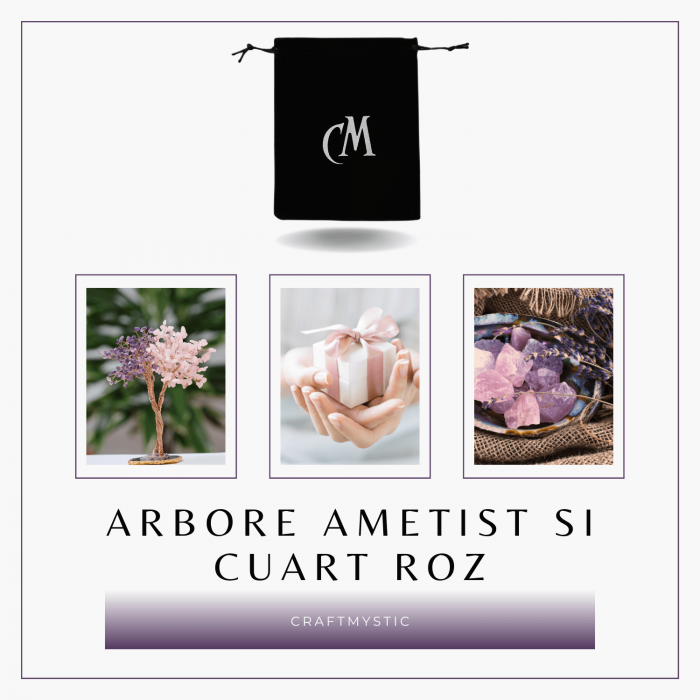Copacel Decorativ cu Ametist si Cuart Roz pe Baza de Agat - Armonie si Energie - 20 cm, 280 Pietricele [9]
