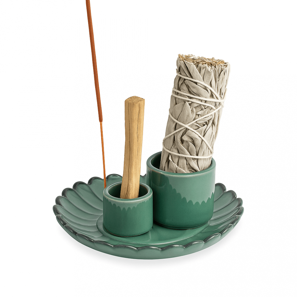 Suport 3 in 1 ceramic verde floare ,   Palo Santo, Salvie si Betisoare