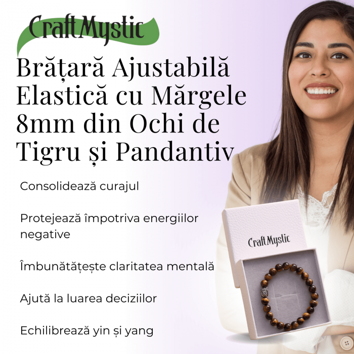 Bratara Elastica cu Margele 8mm din Piatra Naturala Ochi de Tigru si Pandantiv Buddha [6]