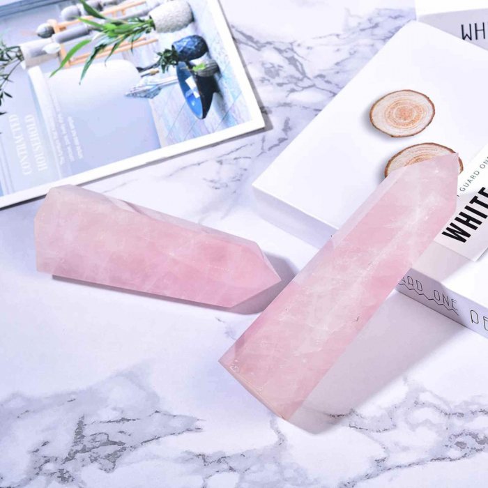 Turn Obelisc de 10-11 cm din Cuart Roz Natural, Bagheta Mare de Cristal Vindecator cu 6 Fatete pentru Reiki, Chakra, Terapie de Meditatie [4]