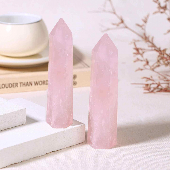 Turn Obelisc de 10-11 cm din Cuart Roz Natural, Bagheta Mare de Cristal Vindecator cu 6 Fatete pentru Reiki, Chakra, Terapie de Meditatie [3]