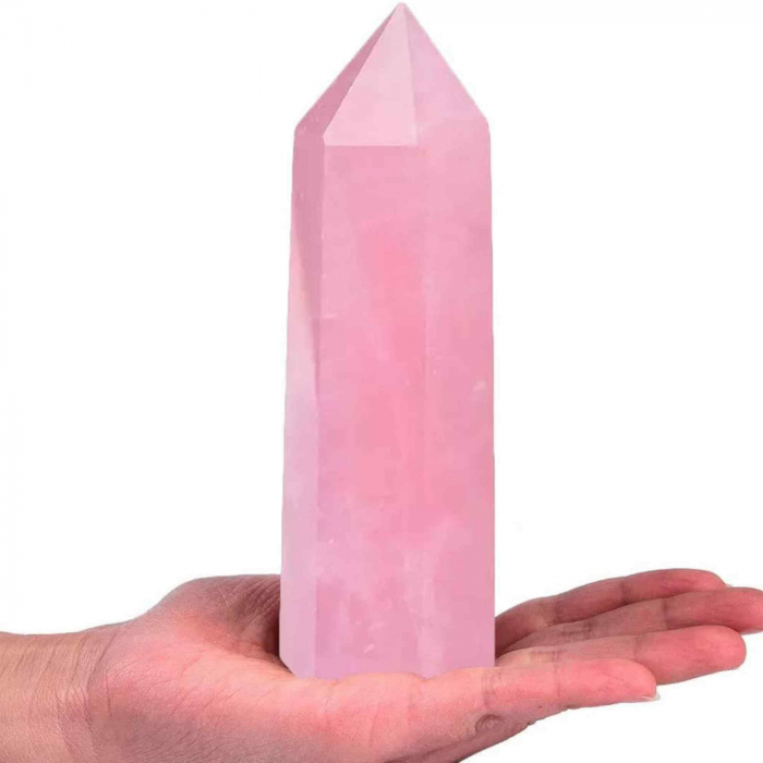 Turn Obelisc de 10-11 cm din Cuart Roz Natural, Bagheta Mare de Cristal Vindecator cu 6 Fatete pentru Reiki, Chakra, Terapie de Meditatie [7]