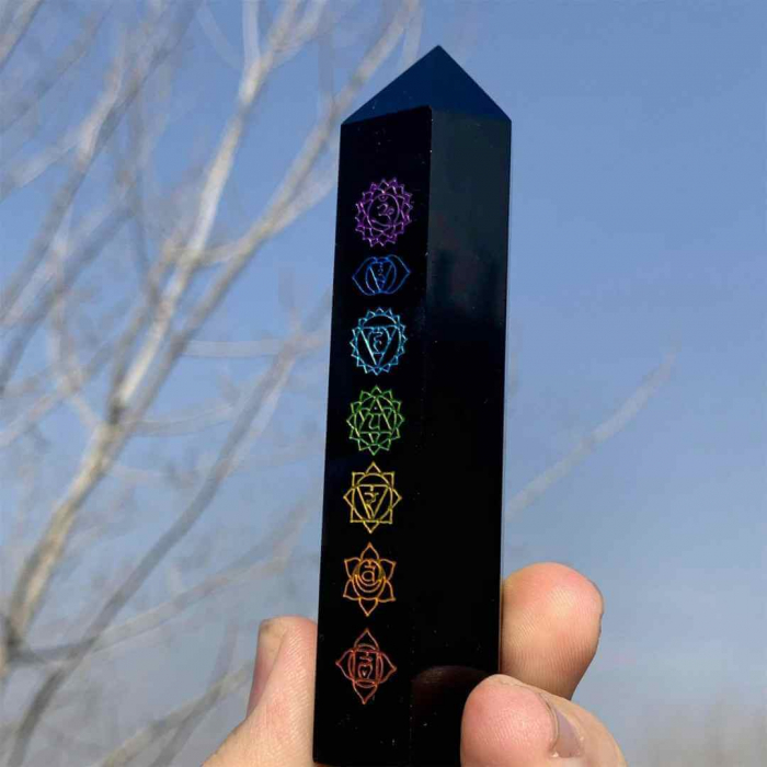 Turn de cristal din Obsidian Negru 9-10 cm cu cele 7 Chakre - Baghetă hexagonală pentru vindecare, reiki și decor pentru casă și birou [7]