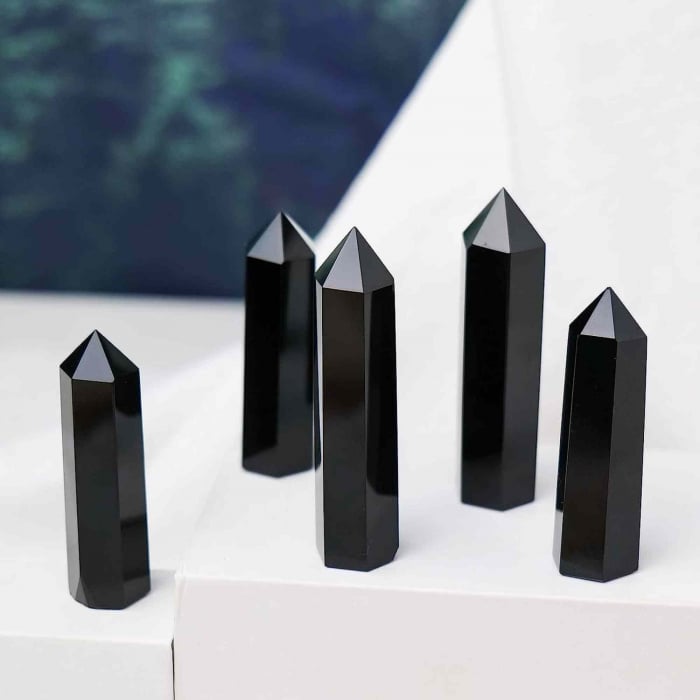 Turn de 10-11 cm din cristal semipretios vindecator hexagonal Obsidian - Obelisc pentru meditatie [6]