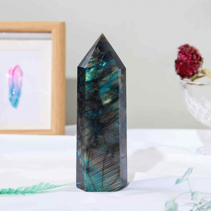 Bagheta din cristal natural de labradorit 10-11 cm -  Turn de cristal vindecator, baghete mari naturale cu 6 puncte fatetate pentru Reiki, chakra, meditatie, colectie, decor acasa [5]