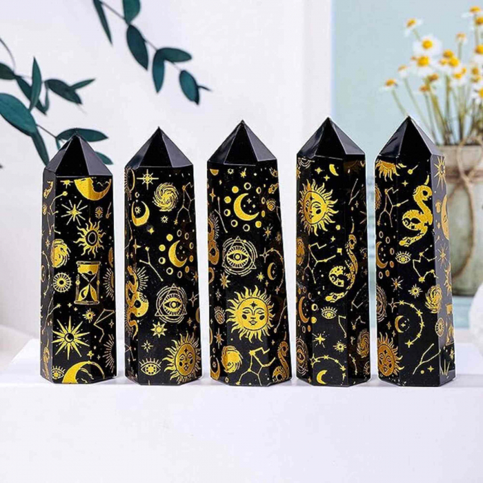 Turn din Cristal de Obsidian Natural de 9-10 cm cu Model Stea si Luna Acoperit cu Auriu -  Bagheta pentru decor, meditatie [4]