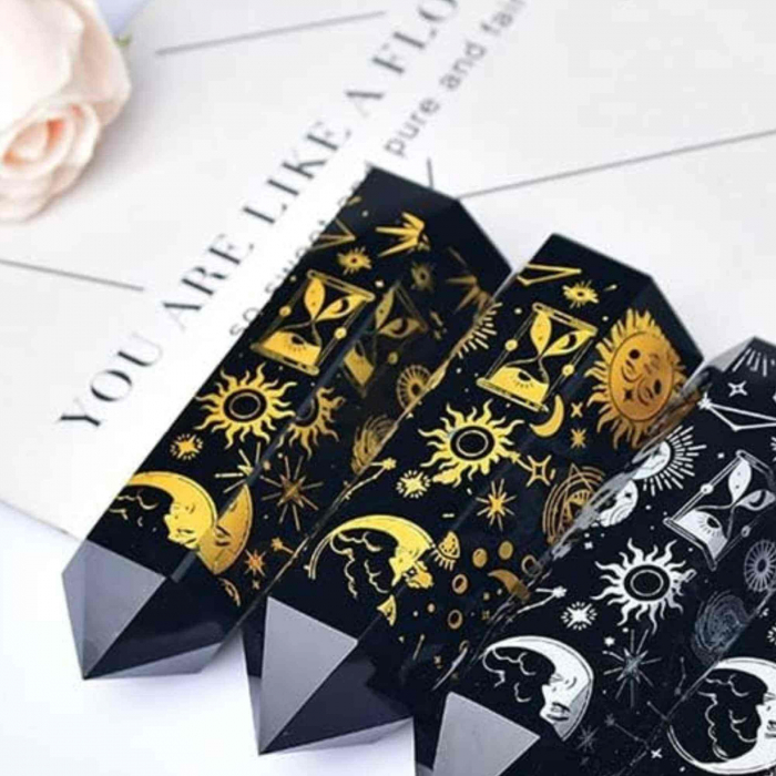 Turn din Cristal de Obsidian Natural de 9-10 cm cu Model Stea si Luna Acoperit cu Auriu -  Bagheta pentru decor, meditatie [5]