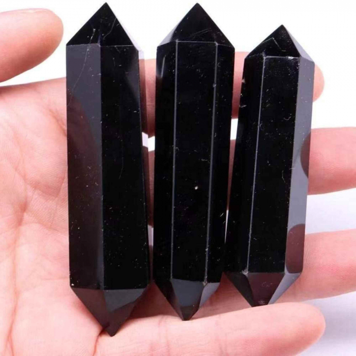 Turn Hexagonal Dublu Varf din Obsidian Negru inaltime de 7-9 cm - cristal de protectie puternic, care actioneaza ca un scut impotriva negativitatii si a stresului [4]