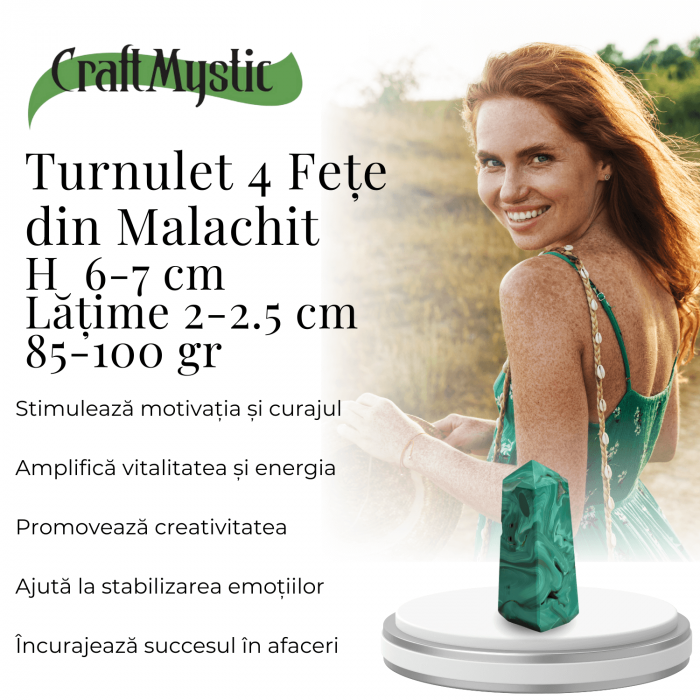Turnulet 4 fete din Malachit H = 6-7 cm latime 2-2.5 cm 85-100 gr - Concentrare Energetica și Protectie [8]