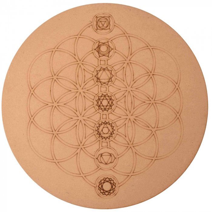 Placa pentru Cristale cu Geometrie Sacra pentru Cele Sapte Chakre - Grid din Lemn MDF 30 cm