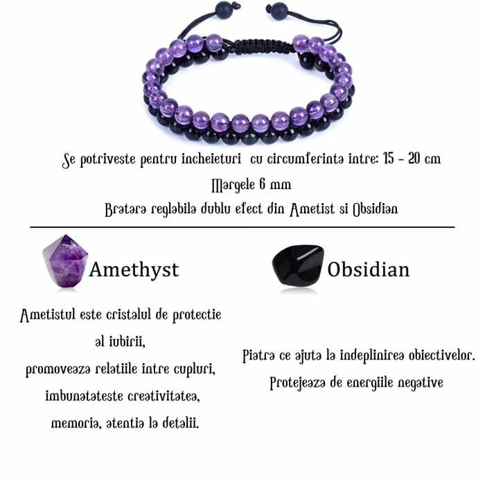 Bratara cu Margele 6 mm din Obsidian si Ametist Pentru Creativitate, Protectie, Concentrare [2]