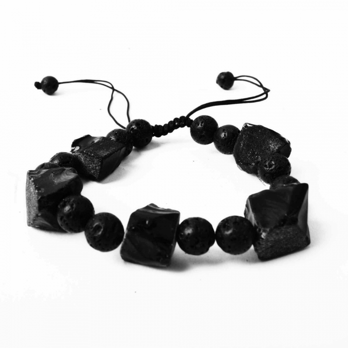 Bratara Ajustabila din Obsidian Negru Brut si Roca Vulcanica Margele de Cristal si Bratara Difuzoare de Ulei Esential pentru Relaxare si Meditatie Yoga