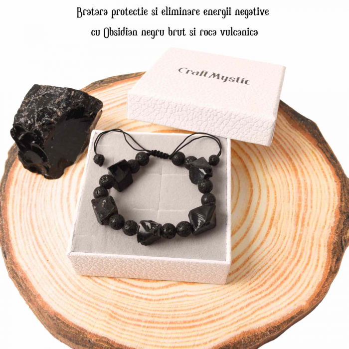 Bratara Ajustabila din Obsidian Negru Brut si Roca Vulcanica Margele de Cristal si Bratara Difuzoare de Ulei Esential pentru Relaxare si Meditatie Yoga [3]