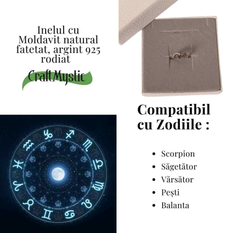 Inel din Argint 925 rodiat cu Moldavit natural fatetat – transformare, protectie si claritate interioara [3]