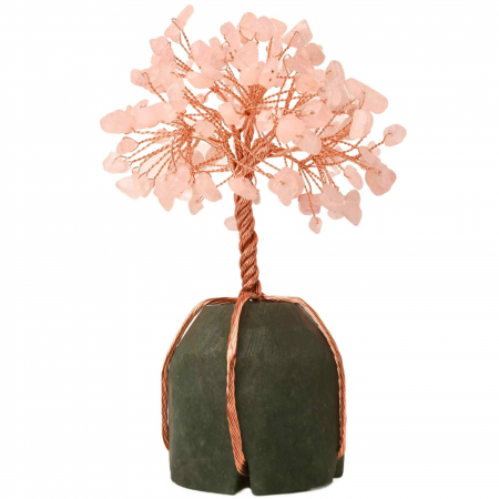 Arborele vietii 13-14 cm din pietre semipretioase polisate de cuart roz si baza de piatra naturala de aventurin verde - Copacel de cristal pentru energie pozitiva  atrage norocul, decor Feng Shui, cadou spiritual