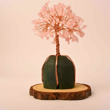 Arborele vietii 13-14 cm din pietre semipretioase polisate de cuart roz si baza de piatra naturala de aventurin verde - Copacel de cristal pentru energie pozitiva  atrage norocul, decor Feng Shui, cadou spiritual [4]